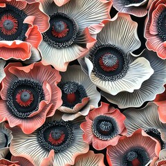 3D poppies with intricate details, from their black centers to their vibrant edges. Seamless Pattern, Fabric Pattern, Tumbler Wrap, Mug Wrap.