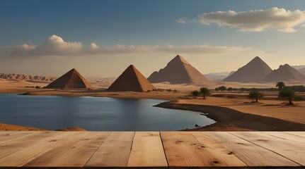 Empty wooden table with landscape of the pyramids of Cheops background.generative.ai  - obrazy, fototapety, plakaty