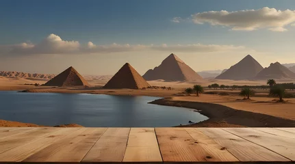 Foto op Canvas Empty wooden table with landscape of the pyramids of Cheops background.generative.ai  © Akash