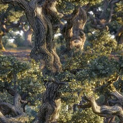 Obraz premium Ancient 3D oaks with detailed bark textures, standing tall in a mystical grove. Seamless Pattern, Fabric Pattern, Tumbler Wrap, Mug Wrap.