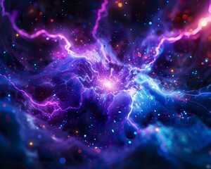 Quantum computing core with electric blue and purple sparks. 