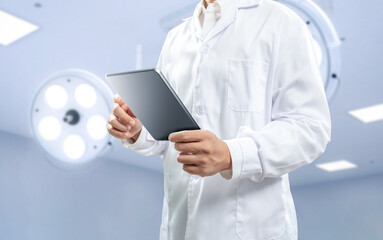 Doctor wear white lab coat hand hold digital tablet
