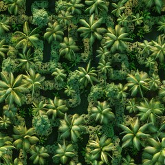 Fototapeta premium Aerial view of a 3D palm grove, the trees forming a lush, green maze. Seamless Pattern, Fabric Pattern, Tumbler Wrap, Mug Wrap.
