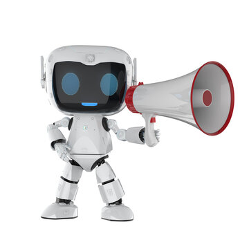 Online marketing concept with 3d rendering personal assistant robot with megaphone