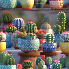3D miniature cacti in colorful pots, perfect for a virtual indoor garden.  Seamless Pattern, Fabric Pattern, Tumbler Wrap, Mug Wrap.