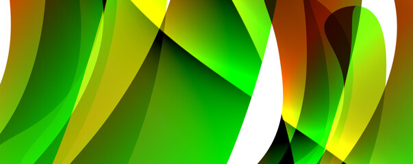 A vivid green and yellow abstract background with a white stripe at the bottom, featuring leaf and triangle patterns. The colors and shapes create a vibrant and dynamic artistic composition