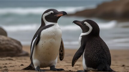 Closeup of two isolated cute humboldt penguins on blurred beach background, conversation between the water birds.generative.ai  - obrazy, fototapety, plakaty