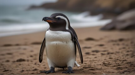 Closeup of two isolated cute humboldt penguins on blurred beach background, conversation between the water birds.generative.ai  - obrazy, fototapety, plakaty