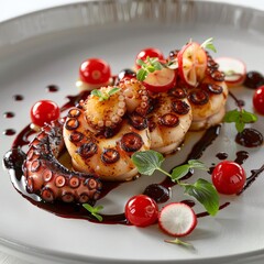 Artistic plating of grilled octopus