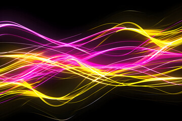 Abstract neon lines with yellow and pink radiant streaks. Eye-catching art on black background.