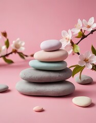 Obraz na płótnie Canvas Balance concept of gray stones on pink background with flowers