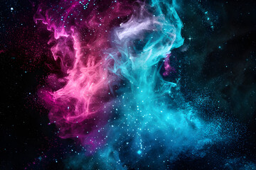 Luminous neon galaxy with teal and magenta celestial elements. Exquisite art on black background. - obrazy, fototapety, plakaty