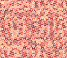 Abstract vector background. Stacked hexagon bold mosaic cell. Red color tones. Hexagon shapes. Seamless pattern. Tileable vector illustration.