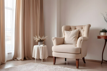 Front view of stylish cozy armchair in classic style. Light living room with big window on background, curtain in beige and brown colors. Room in white and beige colors.