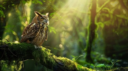 Enchanting Forest Scene with Wise Old Owl on Mossy Branch