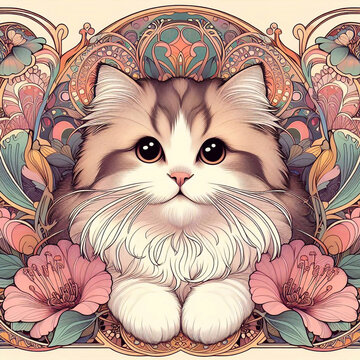 A cute cat in Art Nouveau Alphonse Mucha style with floral patterns