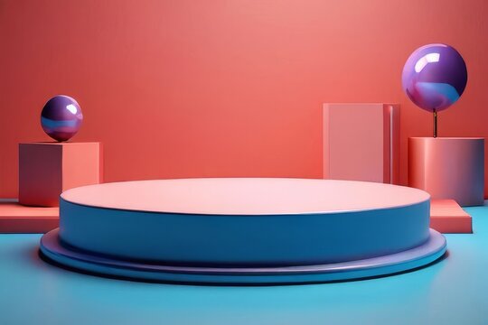 Premium  3D rendered single podium for product photography in free space in pink and cyan color, Colorful vibrant attractive Podium,