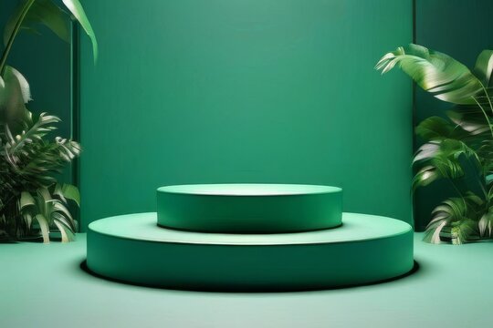 Premium 3D rendered single podium for product photography in free space in green color with leaves or natural elements, Colorful vibrant attractive Podium,