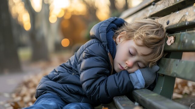 A young child curled up in a ball on a park bench, visibly upset and alone