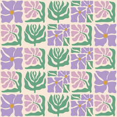 Colorful floral seamless pattern with lavender flowers. Floral background in vintage hippie style. Geometric plaid print wallpaper, spring natural background with lavender flowers