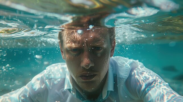 A man wearing a shirt and tie is swimming