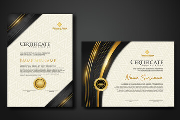 Luxury certificate template with glitter effect dan lines gold shine on frame background
