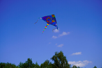 A kite flies in the blue sky