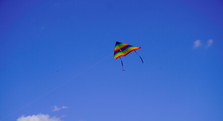 A kite flies in the blue sky