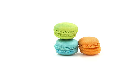 Sweet colorful macarons isolated on white background. Tasty colourful macaroons.