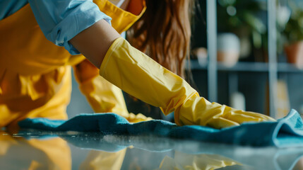 Close-up view of hands wearing yellow gloves while cleaning a shiny table surface with a blue cloth.
