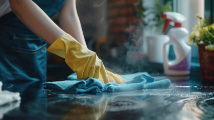 Close-up view of hands wearing yellow gloves while cleaning a shiny table surface with a blue cloth.
