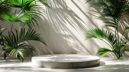 Fototapeta premium A white round table with palm trees in the background creates a serene and tropical ambiance. White circular table with palm trees in the background.
