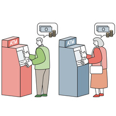 ATMを操作するシニア女性とシニア男性のセット