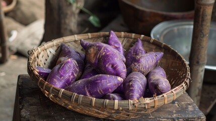 Basket of purple potatoes on table