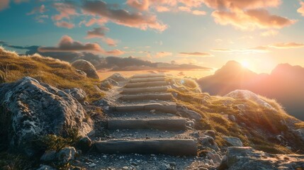 Stone steps lead up to a mountain peak with clouds and sun rays in the background sky at sunset. Beautiful landscape with road leads up to cross. Religion concept.Christianity background Concept  - obrazy, fototapety, plakaty