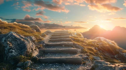 Wandcirkels aluminium Stone steps lead up to a mountain peak with clouds and sun rays in the background sky at sunset. Beautiful landscape with road leads up to cross. Religion concept.Christianity background Concept  © Sittipol 