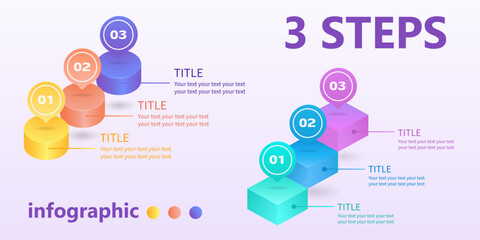Business infographics. Positive growth stairs of 3 steps made of cylinders and cubes. 3 D. Vector illustration.