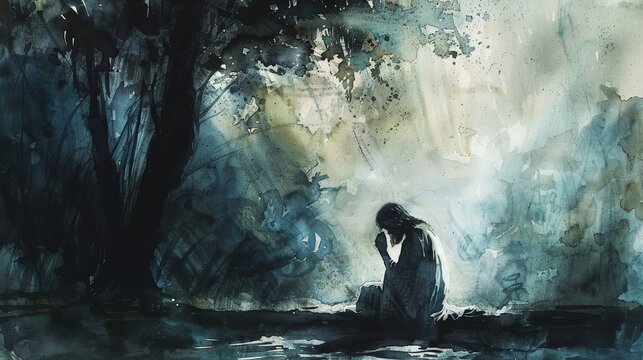 A poignant scene of Jesus praying in the Garden of Gethsemane, with dark, emotive watercolors
