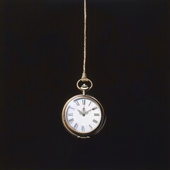 A vintage pocket watch hanging from the end of a rope, suspended in midair against an allblack background 