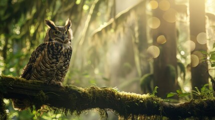 Wise Old Owl Perched on Moss-Covered Branch in Enchanted Forest