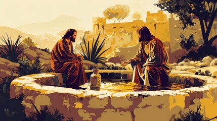 Fototapeta premium Jesus and the Samaritan woman at the well, illustrated in warm, inviting colors to depict the midday encounter