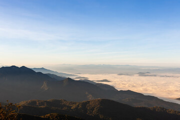 Doi Inthanon National Park. Sea of mist and clouds view from the highest mountain in Thailand on a clear day. Beautiful Thai Landscape.