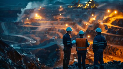 Three people in hard hats looking at a large open pit mine at night.