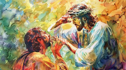 Jesus healing the blind man, illustrated with bright, hopeful colors in a dynamic watercolor style