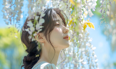 Fototapeta premium white wisteria trees hang from above like silver rainbows against the blue sky with a cute asian woman, Generative AI 