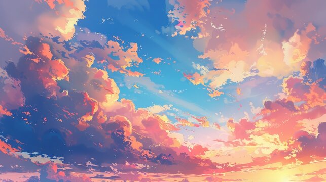 Evening clouds with sunlight that will sink in the picture in Japanese animation style. Evening sunset clouds in anime.