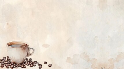 Obraz na płótnie Canvas Background for presentation in light pastel colors, featuring a cup of coffee front view and scattered coffee beans in the bottom corner