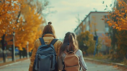 Two girls with backpacks walking away from the camera on an autumn day - obrazy, fototapety, plakaty
