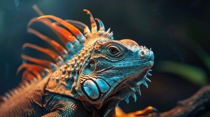 Fototapeta premium Lizard with a flowing mane in a dark environment