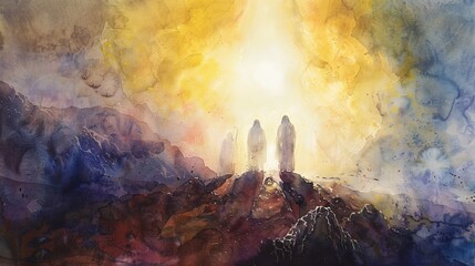 The Transfiguration of Jesus on the mountain, captured in radiant watercolor glows and ethereal light